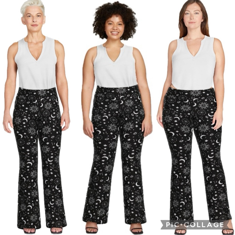 NWT! Black & White Celestial Print Soft Sueded Knit High-Rise Flare Leggings